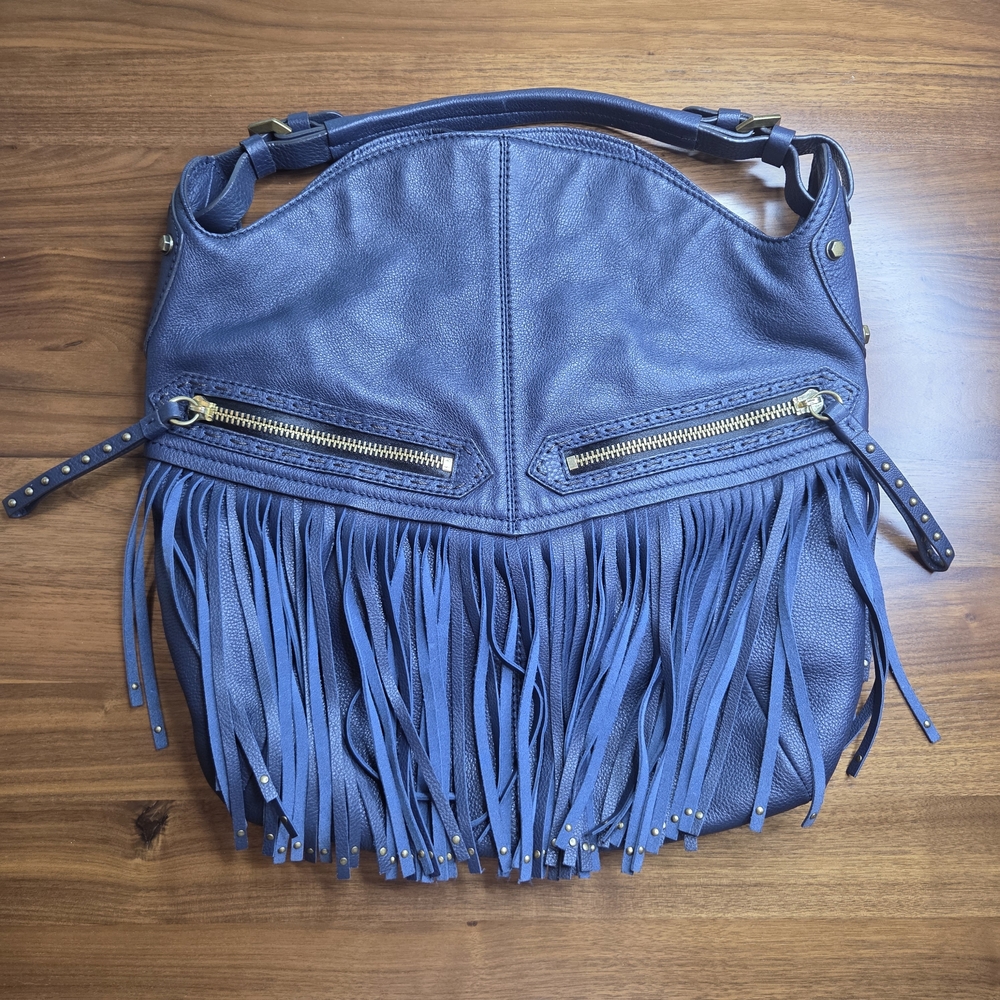 orYANY Bristol Fringe Hobo Navy Blue Pebbled Leather Boho | Like New